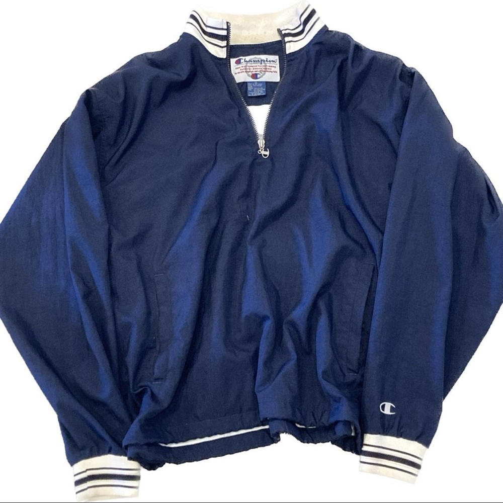 Champion Blue Varsity Jacket with collar and Striped Trim